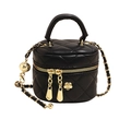 Chic black diamond quilted mini cylinder bag with gold floral hardware and chain strap - Black-Small