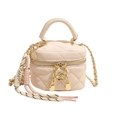 Quilted beige mini box bag with gold chain strap and decorative floral tassels - White - S