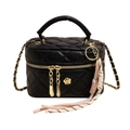 Black quilted box bag with gold-tone hardware and floral logo in variant view - Black-Large