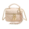 Mini sac boîte matelassé beige avec bandoulière chaîne dorée et breloques florales - Blanc - L