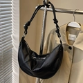 Minimalist black lychee leather crescent hobo bag with knotted long shoulder strap - No Pendant / Black
