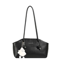 Minimalist black faux leather shoulder bag with chic plush charm and silver logo accent - Black With Charm