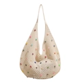 Borsa tote all'uncinetto bianco sporco con perle colorate e maglia a rombi - Bianco