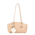 Beige faux leather shoulder bag with long handles and a cute plush monster charm - Khaki With Charm