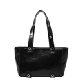 Glossy black oil wax leather tote bag with silver eyelet details and sturdy handles - Black