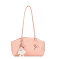 Minimalist light pink shoulder tote bag with plush dwarf pendant and embossed text - Pink With Charm