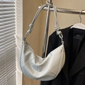 Minimalist light grey crescent hobo bag with unique knotted strap and litchi texture - No Pendant / Blue