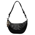 Minimalist black pebble leather crescent tote bag with unique knot strap and charm - Cartoon Charm / Black