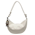 Minimalist beige half-moon tote bag in lychee pattern leather with a cute doll pendant - Cartoon Charm / Off White