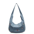 Blaue Denim-Segeltuchtasche mit bunter Stickerei und Good Vibes Slogan-Schriftzug - Blau