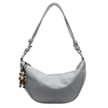 Minimalist light grey pebble leather crescent tote bag with cute cartoon charm - Cartoon Charm / Blue