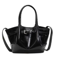 Elegante schwarze Beuteltasche aus Wachsleder mit Metallschnalle und Griffen - Schwarz