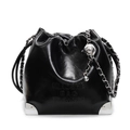 Modische schwarze Eimertasche mit Kordelzug, Silberkette und Metallkugel-Dekoration - Schwarz