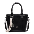 Sac seau en cuir ciré noir brillant avec logo argenté et pendentif de tennis - Noir (Avec Pendentif Métallique)