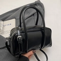 Glossy black PU leather pillow bag with silver buckles and detachable strap - Black - Without Pendant