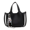 Chic black lychee pattern leather bucket bag with top handle and cute dog charm accessory - Black (with Pendant)