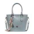 Sac seau minimaliste bleu clair en cuir huilé avec boucles argentées et pendentif - Bleu (Avec Pendentif Métallique)