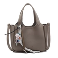 Dark khaki lychee grain leather bucket bag with puppy charm and shoulder strap - Gray (With Charm)