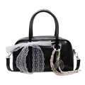 Glossy black Boston pillow bag with large white lace bow and tennis racket charm - Black With Pendant