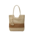 Borsa tote in paglia intrecciata a mano a righe beige e marroni con nappe decorative - Bianco Sporco