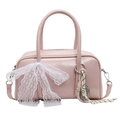 Pink leather Boston bag with lace bow decoration and detachable shoulder strap - Pink With Pendant