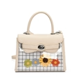 Bolso de mano beige en cuero con bordado de girasol y panel de PVC a cuadros - Blanco