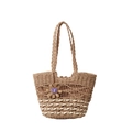 Handmade woven straw beach bag in natural brown with purple flower charm and white base - Khaki