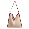Bolso tote minimalista de lona beige con correas burdeos y detalles en contraste - Rojo
