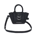 Minimalist black lychee leather crossbody lipstick bag with decorative silver rings - Black