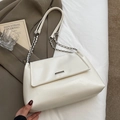 Sac fourre-tout minimaliste blanc crème en cuir souple avec chaîne argentée et fermoir - Blanc Cassé - Sans Pendentif