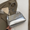 Minimalist silver metallic soft leather tote bag with chain strap and logo for women - Silver - No Charm
