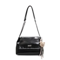 Large capacity black glossy shoulder bag with silver logo, chain strap and plush bear charm - Black With Bear Charm
