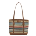 Bunte gestreifte gewebte Shopper Tasche mit braunen Ledergriffen für Damen im Alltag - Bunt