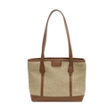 Regenbogen Stroh-Tote-Tasche mit braunen Ledergriffen und modischem geprägtem Label - Khaki