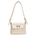 Bolso tipo cubo minimalista en cuero encerado blanco crema con lazo plateado y bandolera - Blanco