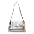 Silver wrinkled faux leather tote bag with chain strap and cute bear charm pendant - Silver With Bear Charm