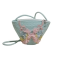 Bolso saco de paja tejida azul claro para niña con mariposas de encaje y flores - Azul