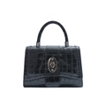 Sac à main noir motif crocodile avec fermoir rotatif argenté et poignée supérieure ronde - Noir