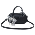 Chic black PU bowling bag featuring lace bow and pearl chain details for women - Black