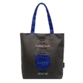Dunkelgraue Canvas-Tasche mit blauen Henkeln und bunten bestickten Wochentag-Schriftzügen - Dunkelbraun
