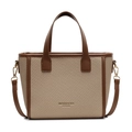 Borsa tote in tessuto beige e pelle marrone con logo e dettagli metallici dorati - Cachi