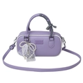 Purple leather bowling handbag with white piping and elegant black checkered ribbon - Purple