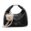 Minimalist black PU leather dumpling bag with silver hardware and cute bear charm - Bear Charm With Knot / Black