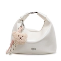 Cream white crescent moon bag in smooth leather with a cute beige plush bear charm - Bear Charm With Knot / Off White