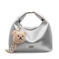 Silver metallic crescent dumpling bag with cute bear charm and woven keychain - Bear Charm With Knot / Silver