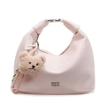 Pink faux leather hobo crescent bag with a cute plush bear charm and woven strap - Bear Charm With Knot / Pink