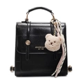 Classic black leather backpack for women with teddy bear charm and woven ribbon detail - Black With Bear Charm