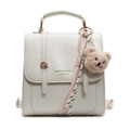 Creamy white PU leather minimalist backpack with a plush bear pendant and gold hardware - Creamy White + Bear Charm