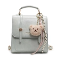 Minimalist light green PU leather small backpack with flap closure and cute bear pendant - Blue With Bear Charm