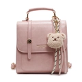 Pink minimalist PU square backpack for women with a cute plush bear charm accessory - Pink With Bear Charm